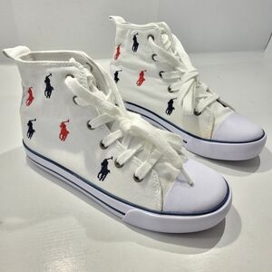 POLO RALPH LAUREN HAMPTYN HI II WHITE CANVAS EMBROIDERED MULTI LOGO KIDS SIZE 2